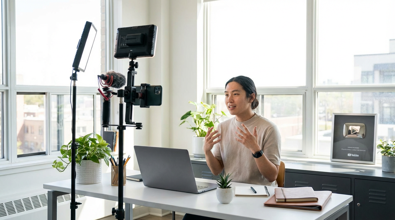 Content creator recording a video in a home studio
